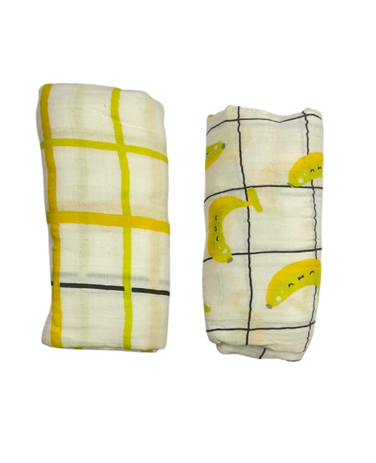 Yellow Banana Children's Muslin Squares Pack Swaddle Blanket (2 Pack) - 100% Organic Cotton Extra Large 120x120 cm Black Gold Design - Multi-use Baby Blanket Comforter Nursing Cover