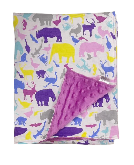 Purple Animals Two Sided Baby Blanket Suitable for Pram and Nap Time Bubble back Both side Cottoen 80cm x 100cm